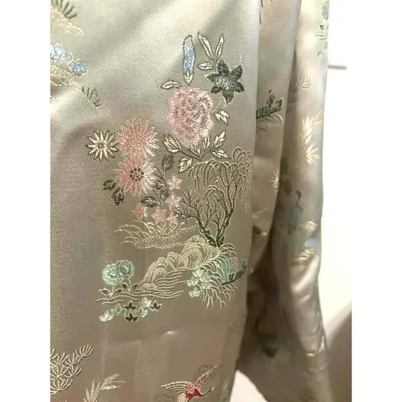 Vtg Gold Asian Satin Brocade Long Cheongsam Robe Jacket Embroidered Floral Sz XL - Picture 7 of 13